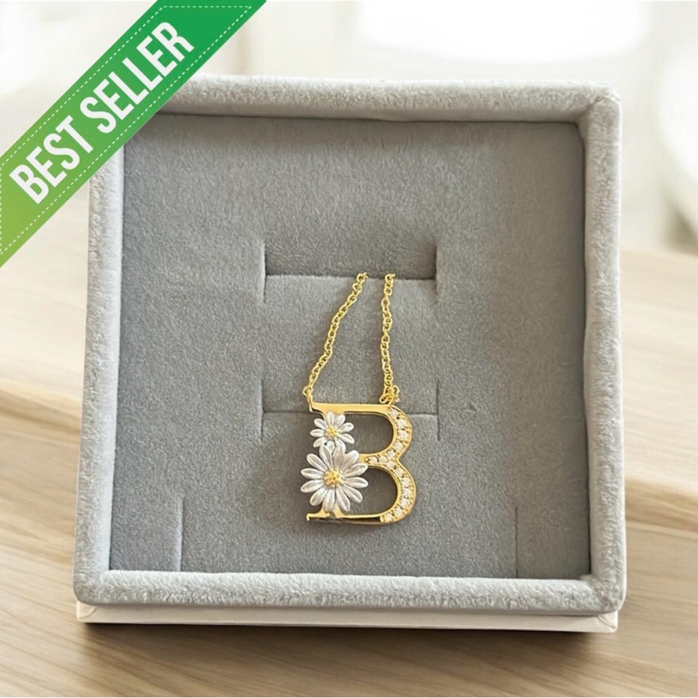 Gold Initial Necklace with Daisies β 14K Gold Plated Sterling Silver Letter βBβ